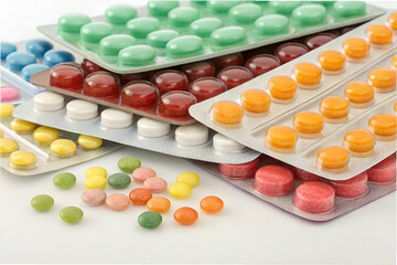 Colorful variety of medicinal tablets and candies in blister packs arranged in layers showcasing health and wellness products on a clean surface