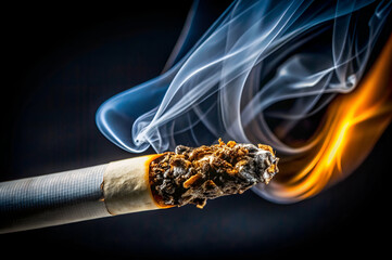 Close-up of a Burning Cigarette with Smoke Whispers, Capturing the Transition from Fire to Gray Smoke and Portraying the Lifestyle of Smoking