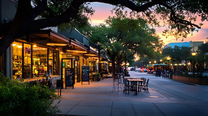 Obraz premium Evening City Street Scene Illuminated Shops Trees And Roadside Tables Under Canopy And Twilight Sky