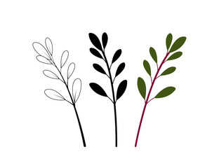 silhouette,  line art and colored set of botanical tree branches with leafs. Vector illustration