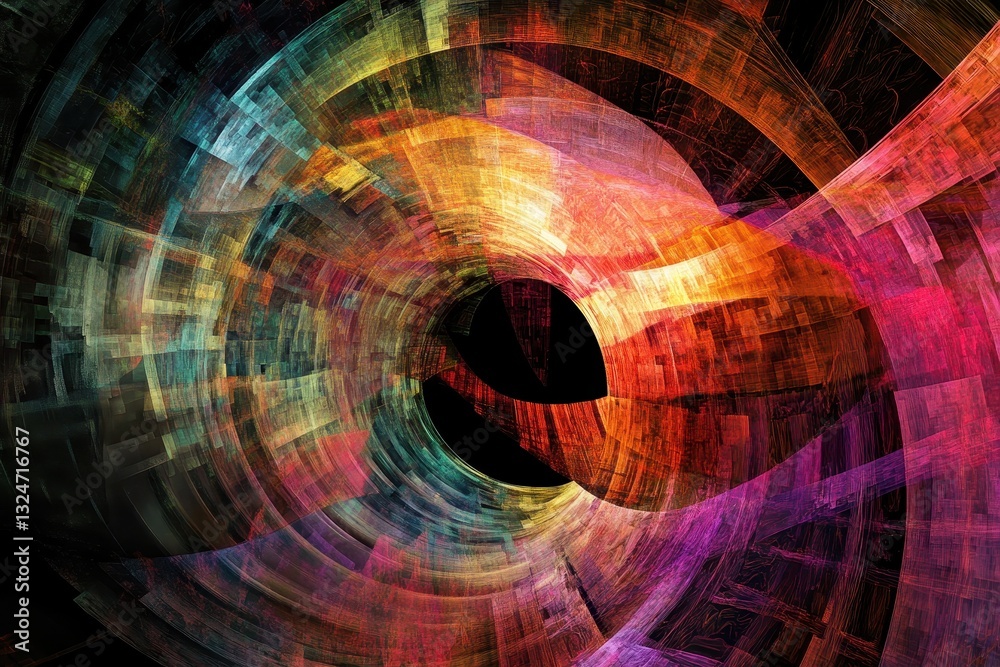 Poster dynamic neon digital tunnel with vibrant shapes shifting and swirling in motion, neon digital tunnel