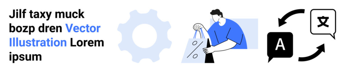 Text, gear graphic, person writing, and translation icons representing communication, translation, and technology. Ideal for language apps, translation services, technology platforms educational