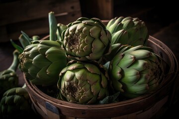 Obraz premium Artichokes in a Wooden Basket: A Still Life of Fresh Produce