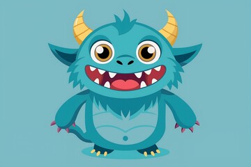 Fototapeta premium Cute blue monster with horns and a big smile