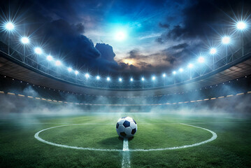 Dramatic Evening Scene of a Soccer Ball in a Stadium Surrounded by Fog and Bright Floodlights Under a Twilight Sky