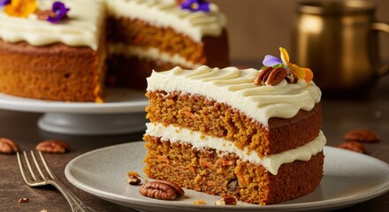 Serving of Delicious Carrot Cake with Cream Cheese Frosting and Pecans