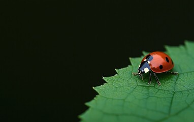 Obraz premium Red Ladybug on Green Leaf Against Dark Background