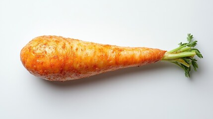 Top-down view of a crispy fried chicken drumstick, golden-brown, isolated on white background