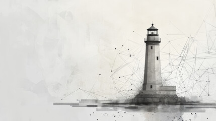 Grey lighthouse with polygon line on abstract background. Polygonal space low poly with connecting dots and lines. Connection structure. Vector science background