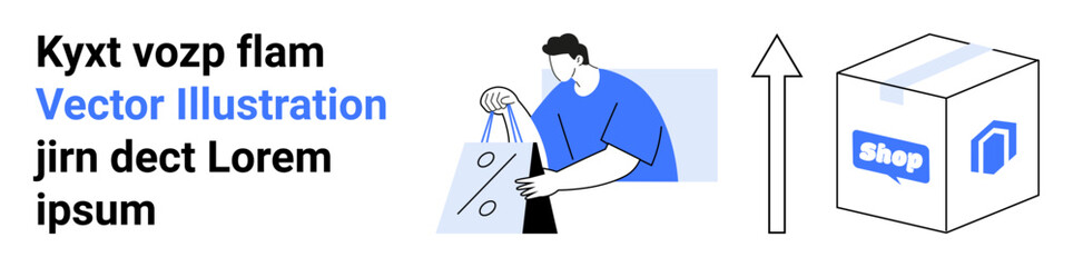 Man holding shopping bag with percentage symbol indicating discount, large upward arrow symbolizing growth or progress, package labeled Shop. Ideal for e-commerce, sales, delivery, online shopping