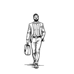 Businessman walking purposefully with briefcase on white background, determination