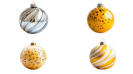 Png of Four colorful decorative Christmas ornaments featuring various yellow and white designs on transparent background.