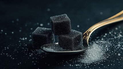 Three black sugar cubes on a silver spoon. the sugar cubes are arranged in a triangular formation, with the largest cube in the center and two smaller cubes on either side.