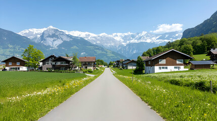 Paved Road Through Green Field and Houses with Snowy Mountain Backdrop in Switzerland on a Sunny Day
