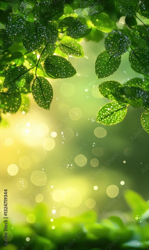 Poster sunlit green leaves with water droplets and soft bokeh light effect