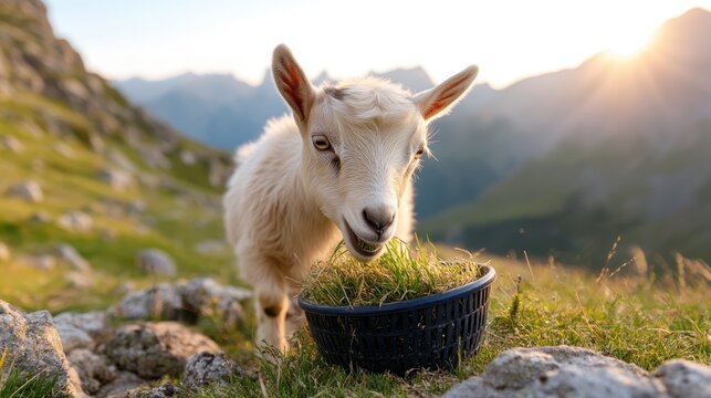 A playful goat munches on grass from a basket, set against a stunning mountain backdrop, capturing the essence of serene rural life and nature's beauty.