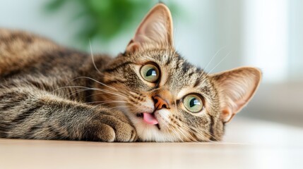 An engaging image of a cat lying calmly with its tongue out, showcasing its vibrant eyes and playful demeanor, inviting viewers into a moment of innocent charm.