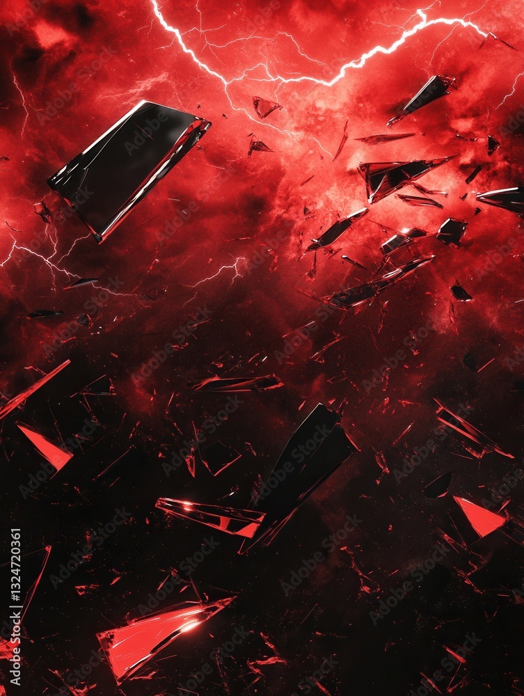 Fototapete dramatic red and black abstract artwork with lightning and shattered glass creating an intense visua