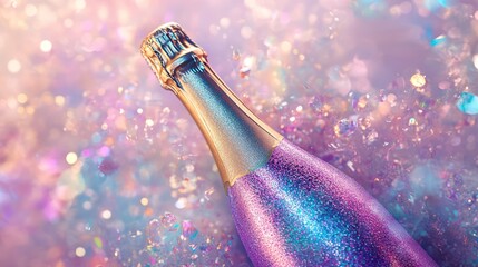 Glittering champagne bottle celebration against an iridescent colorful sparkling background