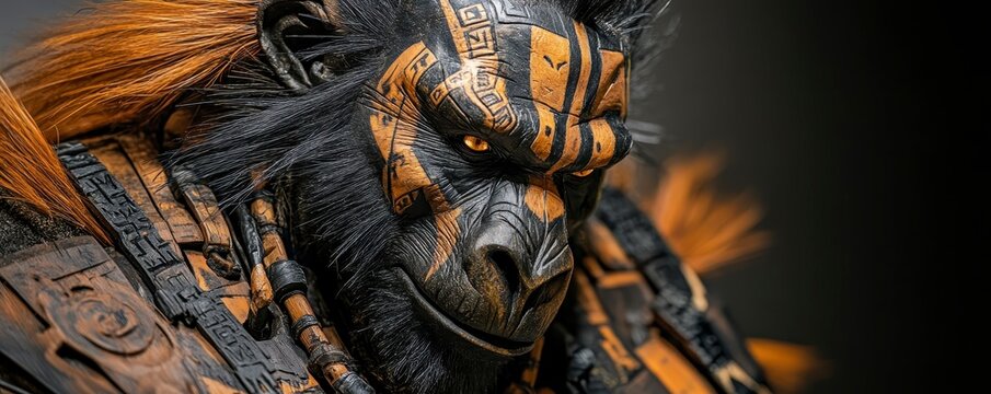 A striking close-up of a creatively styled gorilla with vibrant orange fur and intricate markings, showcasing artistic detailing and captivating textures.
