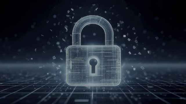 A digital lock appears to be breaking apart, surrounded by particle effects, symbolizing security and data protection in a high-tech environment.
