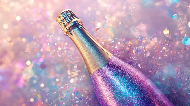 Glittering champagne bottle celebration against an iridescent colorful sparkling background