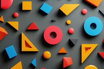 Colorful geometric shapes arranged artistically on a gray background creating a vibrant visual contrast, moving shapes on gray background