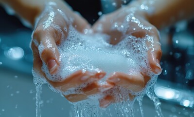 Fototapeta premium Woman washing hands with soap and water in slow motion