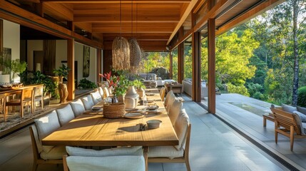 Fototapeta premium A long wooden dining table with chairs and decorations