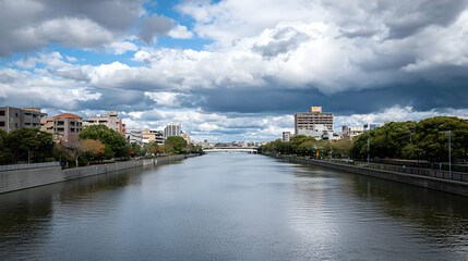 Fototapeta premium Scenic Urban River View With Buildings Trees and Cloudy Sky in Daylight