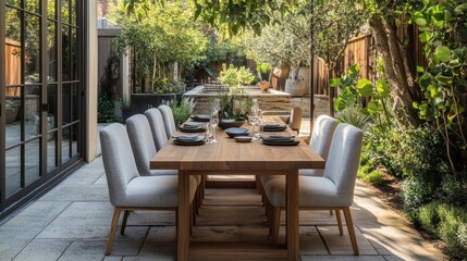 Fototapeta premium An outdoor dining area with chairs and a long wooden table