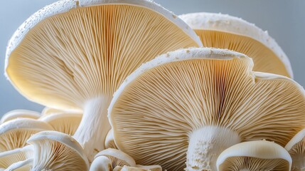 Close-up of a group of mushrooms. the mushrooms are white with a light brown cap. the caps are arranged in a cluster, with some overlapping each other.