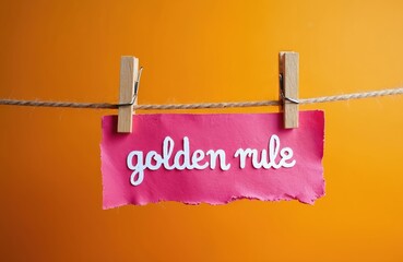 Torn pink paper with golden rule word hanging on rope with clothespins against orange wall. Ethical concept, moral standard and conduct principle, copy space.
