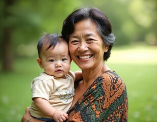 Asian older woman holds baby. Grandmother smiles, showing connection, joy. Warm family portrait on green background. Human relationship, love, happy, peaceful nature, tender, togetherness, care,