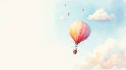 Fototapeta premium A cheerful watercolor painting of a pastel hot air balloon drifting through the sky, with a soft and minimal background, leaving a perfect space for text