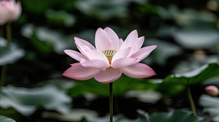 Obraz premium A vibrant pink lotus flower flourishes in the heart of a lush green pond, illuminated by gentle sunlight through the leaves