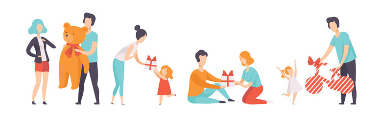 Happy People Character Exchange Gift Box on Holiday Vector Set