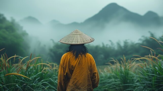 Asian construction worker attending a meeting on a building site with soft focus and copy space