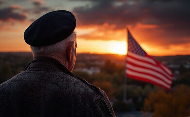 Obraz premium Veteran watching american flag at sunset: remembrance and patriotism
