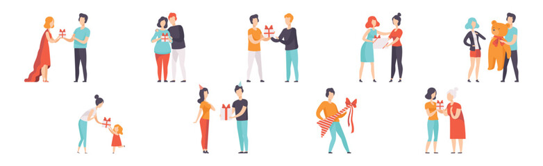 Obraz premium Happy People Character Exchange Gift Box on Holiday Vector Set