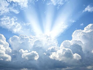 Heavenly rays pierce through fluffy white clouds, creating a breathtaking celestial scene. Serene and peaceful.
