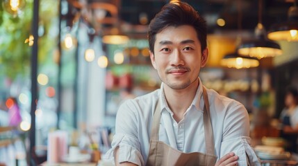 Fototapeta premium Asian Man Setting Up Restaurant Interior with Clean Lines and Soft Focus