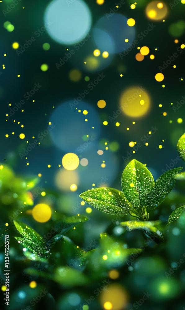 Poster green leaves with dewdrops and glowing bokeh lights creating magical atmosphere