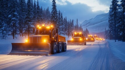 Snowplows clearing a winter road in a forested landscape during twilight, ensuring safe travel