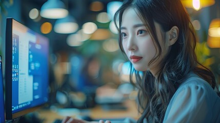 Asian Team Using Computer in Modern Office Environment