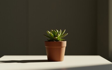 Fototapeta premium Succulent in Terracotta Pot: Sunlight and Shadow