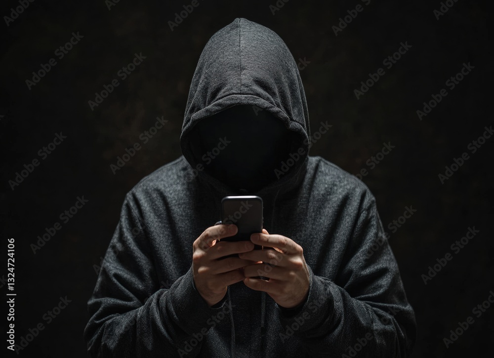 Poster Hooded hacker using smartphone in dark environment