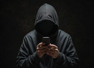 Hooded hacker using smartphone in dark environment