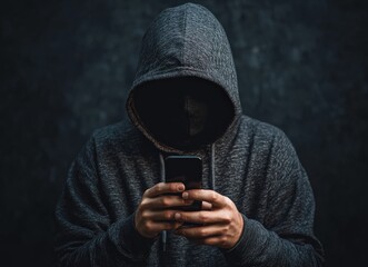 Hooded hacker using smartphone in dark environment