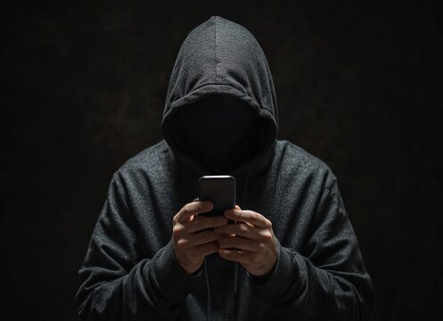 Hooded hacker using smartphone in dark environment - Powered by Adobe